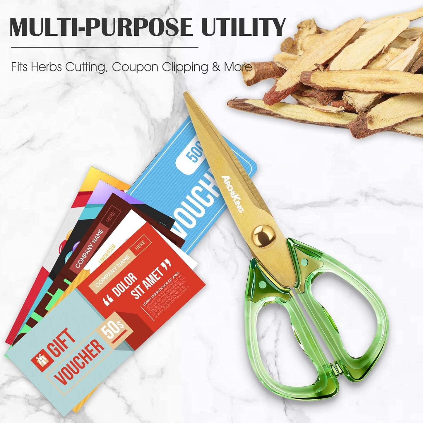 Heavy Duty Kitchen Scissors, Titanium Coated All Purpose Shears - Extra Sharp Detachable Blades for Poultry, Chicken Bones, Meat, Vegetables, Herbs | Micro Serrated & Ergonomic Handle