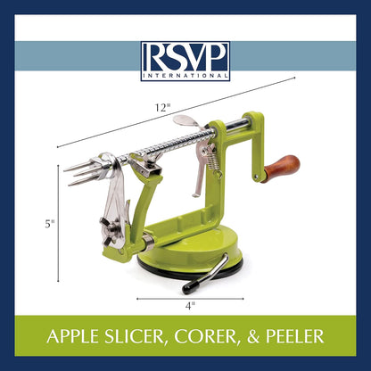 RSVP International Green Apple Slicer, Corer, & Peeler | Suctions to Countertop | Cuts Perfect .25" Slices | Durable & Strong
