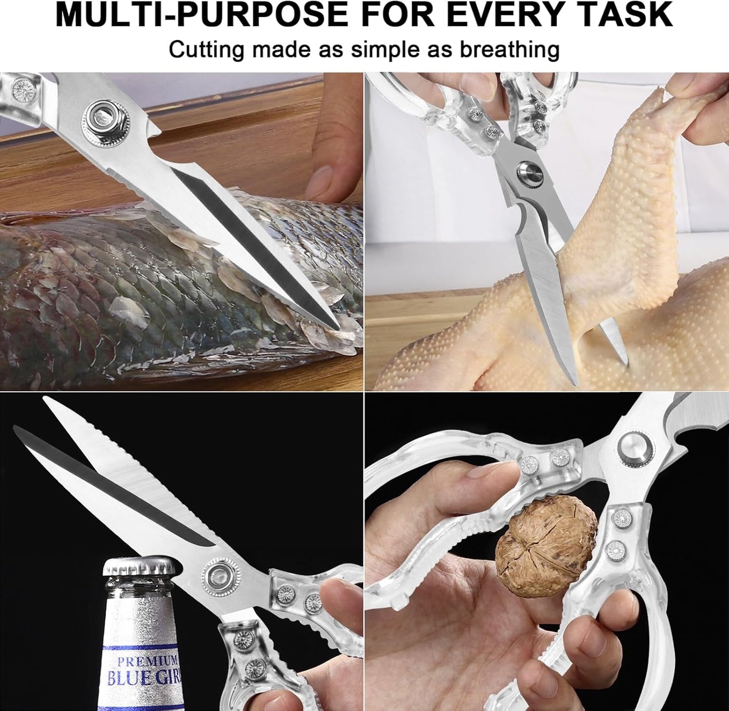 CGBE Kitchen Scissors, Multi-Purpose Kitchen Shears, Heavy Duty Dishwasher Safe Food Scissors for Chicken, Poultry, Fish, Meat & Herbs with Non-Slip Grips - Sliver