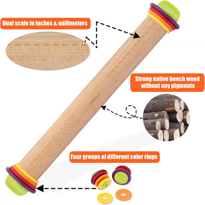 Rolling Pin with Thickness Rings for Baking,Fondant, Pizza, Pie Crust, Cookie, Pastry, Roller Rod for Dough Thickness, 13.6" Adjustable Wood Rolling Pin with 4 Thickness Rings and Wooden Stand
