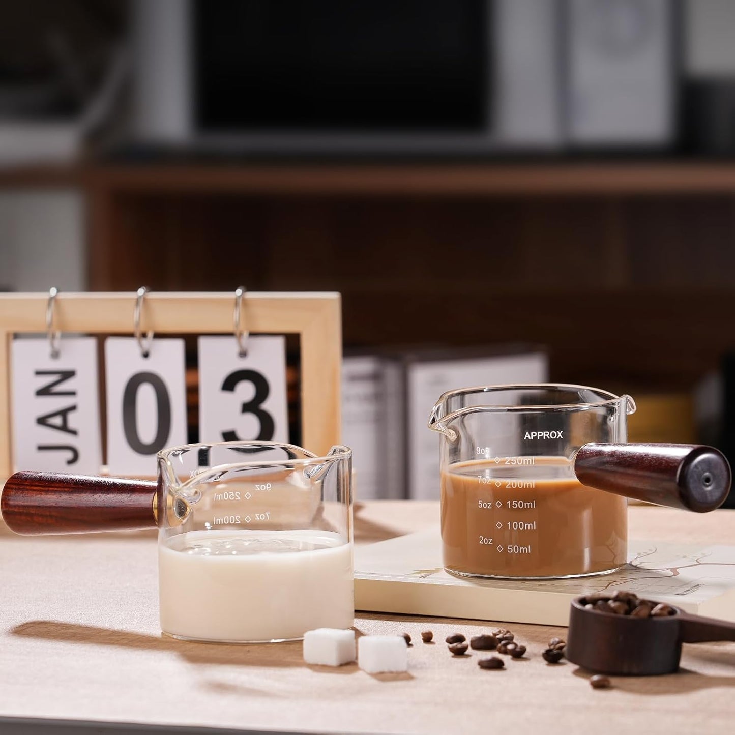 250ML/8.5OZ Measuring Cup 2pack Espresso Shot Glasses Double Spouts Coffee Cup with Wood Handle Triple Pitcher Milk Cup Parts Clear Glass By BCnmviku