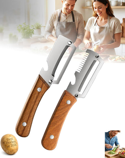 Precision Peeler Pro Heavy Duty Vegetable Peeler, 420 Stainless Steel 2.5mm Thick Blade, Julienne Peeler with Wood Handle & Bottle Opener for Hard Produce (A+B)