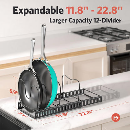 ORDORA Pots and Pans Organizer under Cabinet, Expandable 11.8"-22.8" Pot Lid Holder with 12 Adjustable Dividers, Pan Organizers inside Cabinet for Kitchen Cookware Bakeware, Black