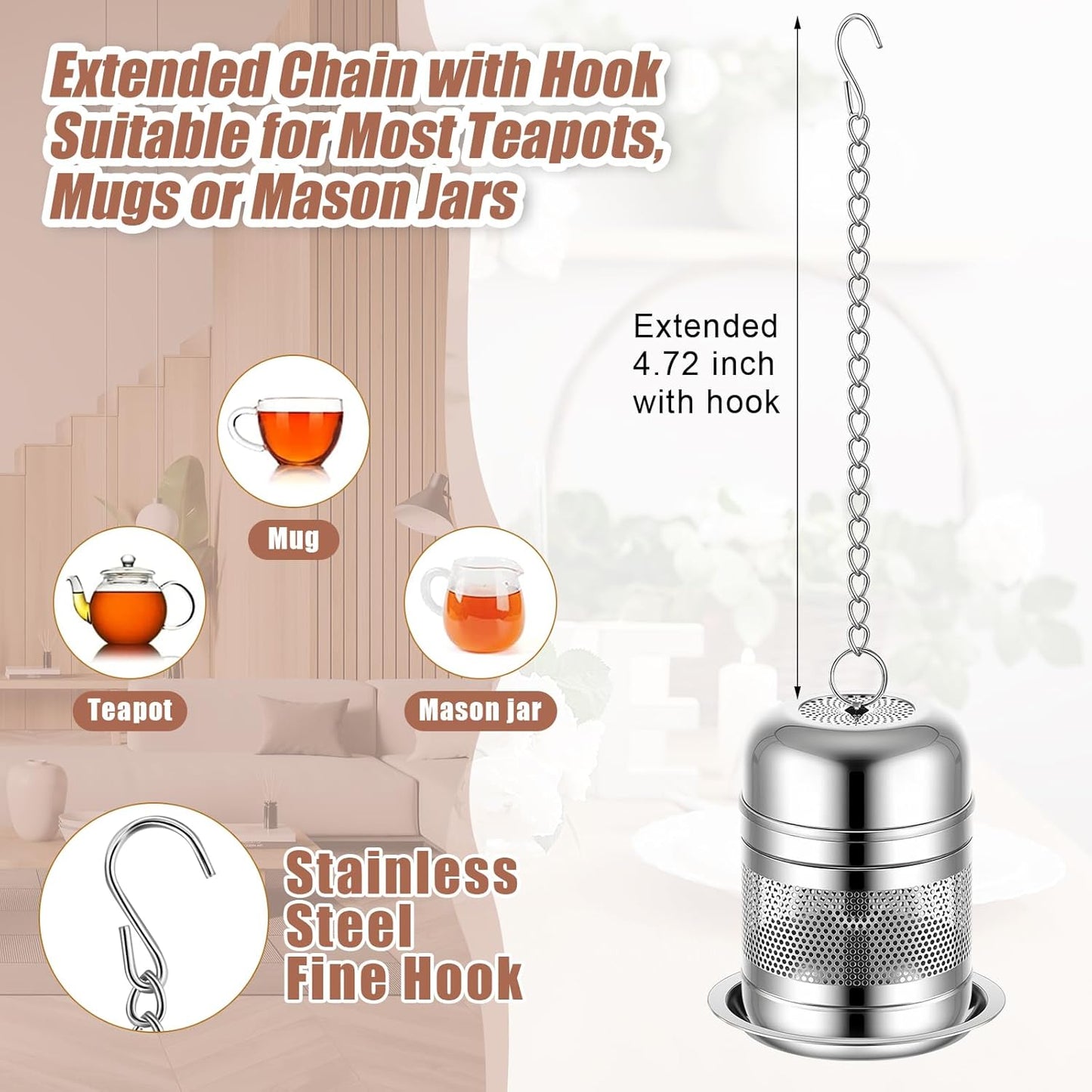 Umigy 4 Pcs Tea Infuser Strainers for Loose Tea with Scoop, Extra Fine Mesh Steeper 304 Stainless Steel Diffuser Leaf Holder with Extended Chain Hook for Brew, Spices, Seasoning, Silver