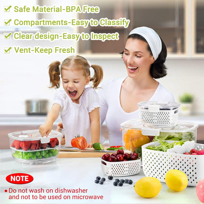LUXEAR Fresh Produce Vegetable Fruit Storage Containers 3Piece Set, BPA-free Fridge Storage Container, Partitioned Salad Container, Fridge Organizers, Used in Storing Fruits Vegetables, Green