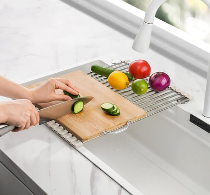 Tomorotec 17.7" x 15.5" Roll Up Dish Drying Rack Over Sink Drying Rack Sink Cover Kitchen Sink Accessories Gadget Multipurpose Organizer Foldable Stainless Steel Drainer