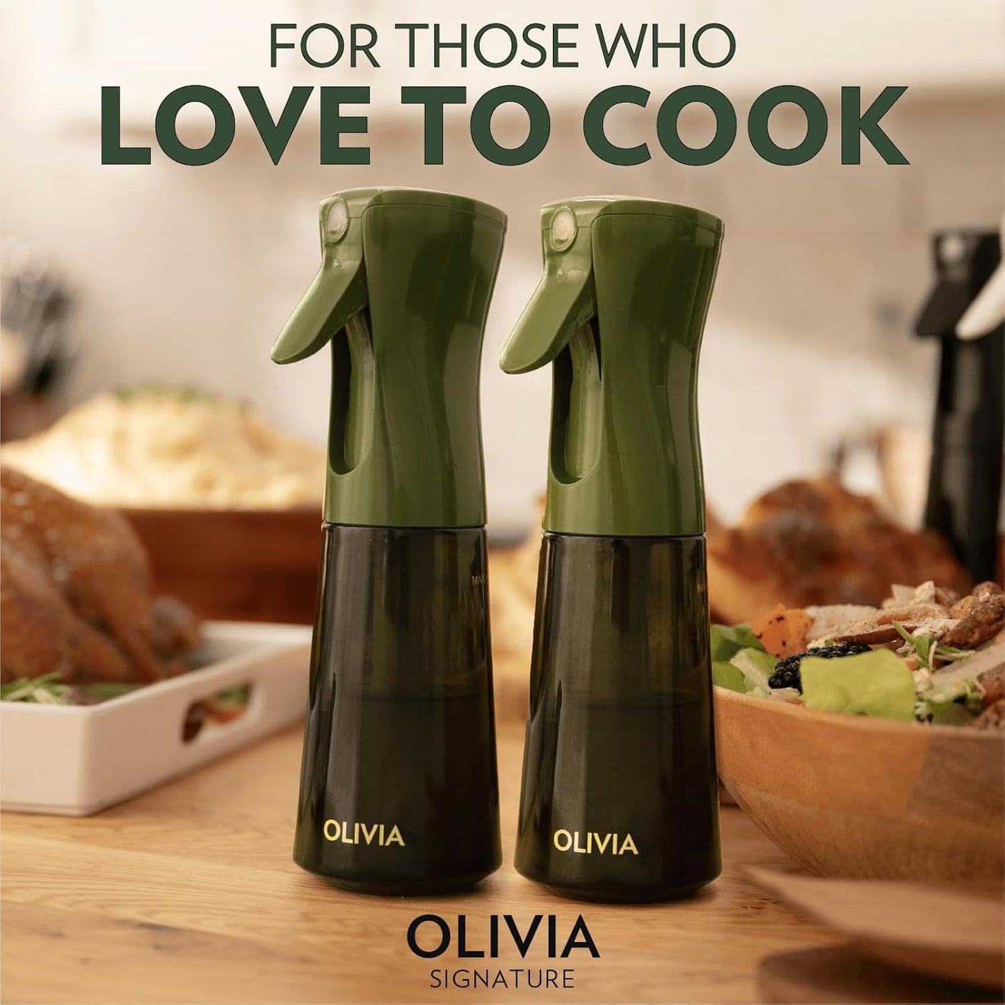 OLIVIA SIGNATURE Advanced Kitchen Oil Sprayer with Flairosol Technology, Fine Mist & Portion Control, Refillable Glass Olive Oil Cooking Spray Bottle for Air Fryer, Salad, BBQ, 2 Pack 200ml (Green)