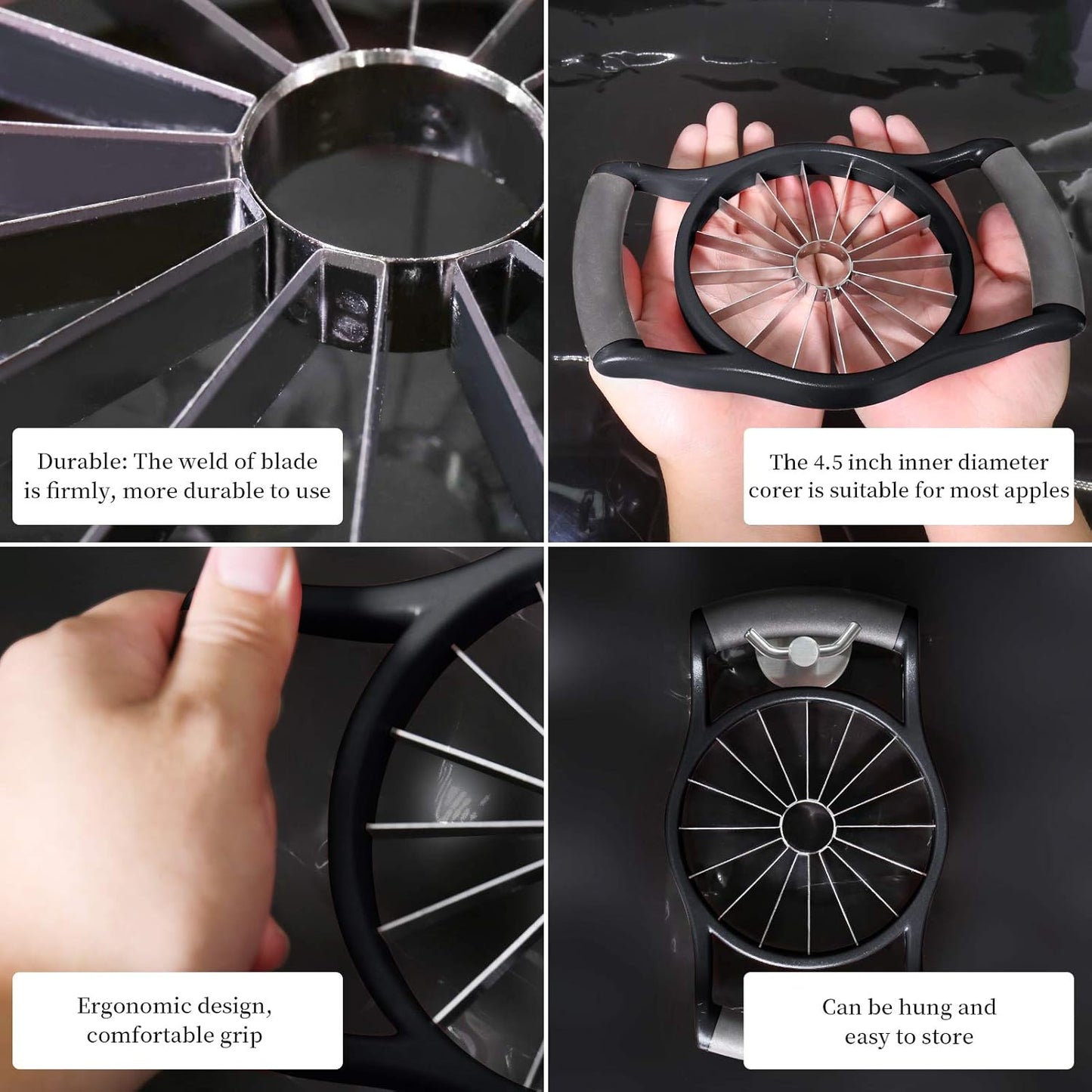 YYP Stainless Steel Apple Slicer & Corer – Upgraded 16-Sharp Blades, Large Size, Ergonomic Non-Slip Plastic Handle for Easy Grip, Rust-Proof Kitchen Fruit Divider, Easy to Clean (Black)