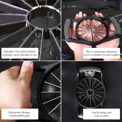 YYP Stainless Steel Apple Slicer & Corer – Upgraded 16-Sharp Blades, Large Size, Ergonomic Non-Slip Plastic Handle for Easy Grip, Rust-Proof Kitchen Fruit Divider, Easy to Clean (Black)