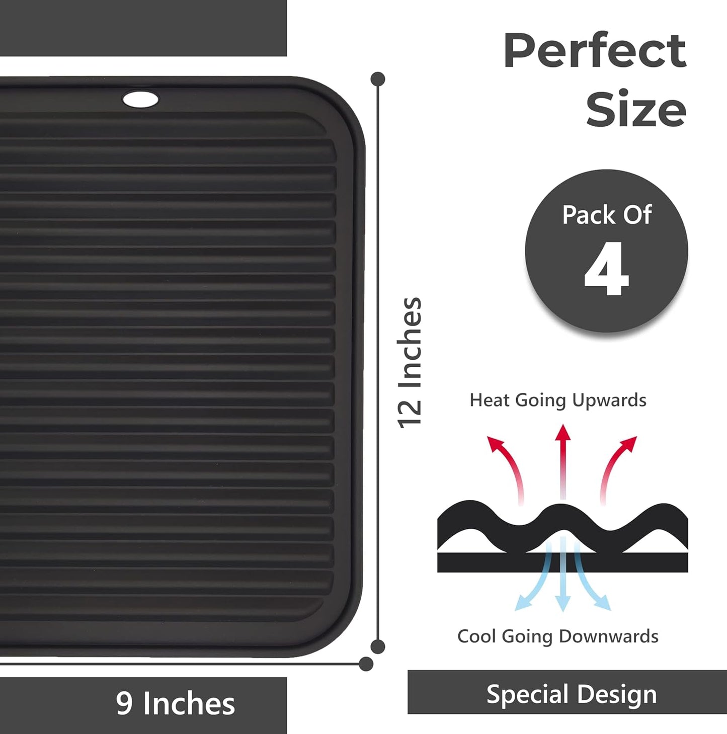 Silicone Trivets for Hot Dishes, Pots, Pans (2 Pack) - Heat-Resistant Pot Holders for Kitchen Countertop Mats - Silicone Trivet Mat (9 x 12 Inch) - Multipurpose Counter Pads (Black)