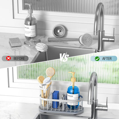 Sponge Holder for Kitchen Sink with High Brush Holder, [Stay-Dry Anywhere & No Drainage Needed] Rustproof Stainless Steel Kitchen Sink Caddy Organizer with Water Absorbing Stone Tray, Black