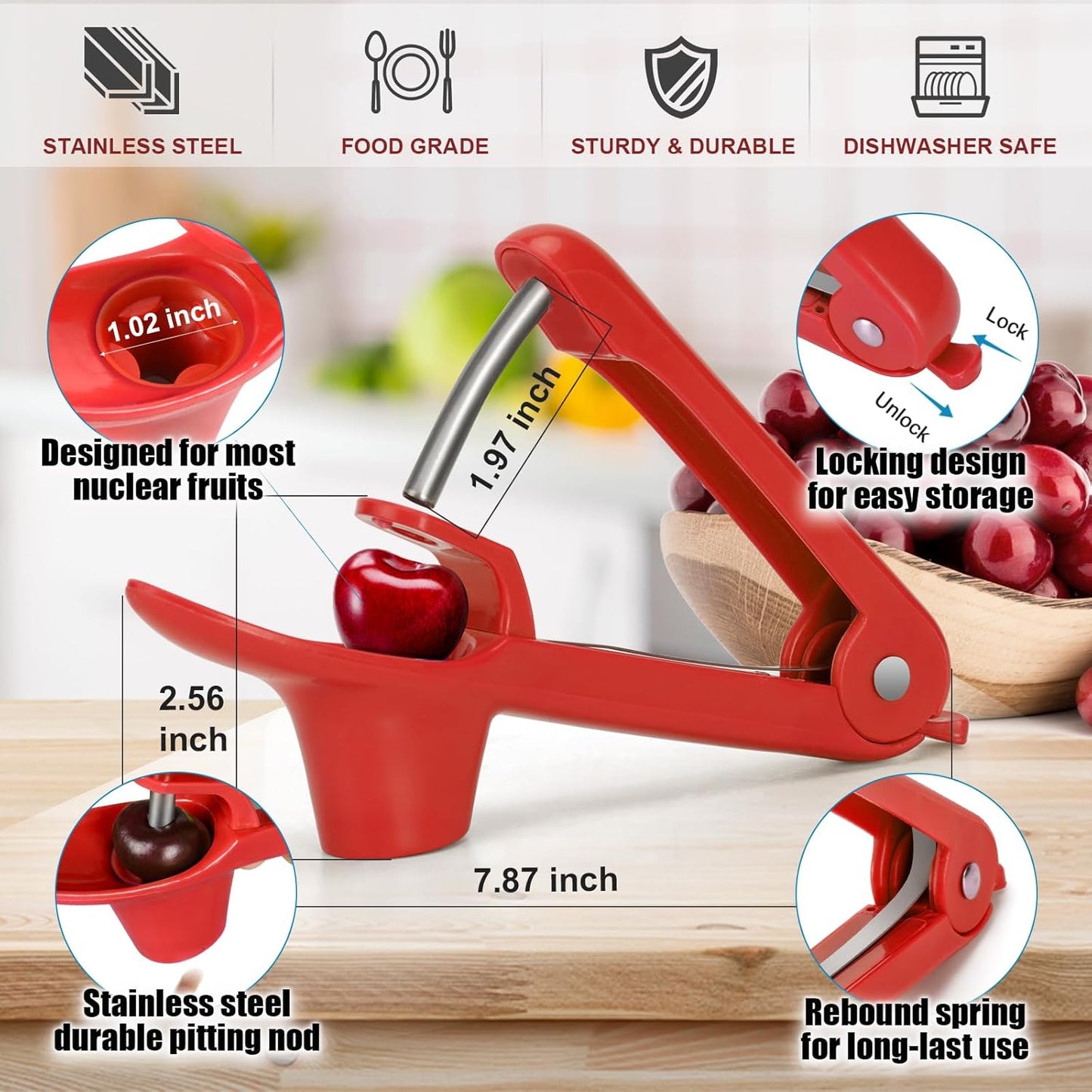 SCHVUBENR Cherry Pitter Tool - Stainless Steel Cherry Corer Pitter with Ergonomic Push Design - Easy to Use for Making Cherry Jam - Pit Cherry with Ease, Saving Time & Space with Lock Design(Red)