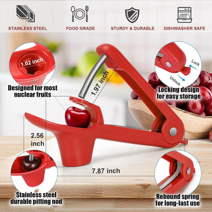 SCHVUBENR Cherry Pitter Tool - Stainless Steel Cherry Corer Pitter with Ergonomic Push Design - Easy to Use for Making Cherry Jam - Pit Cherry with Ease, Saving Time & Space with Lock Design(Red)