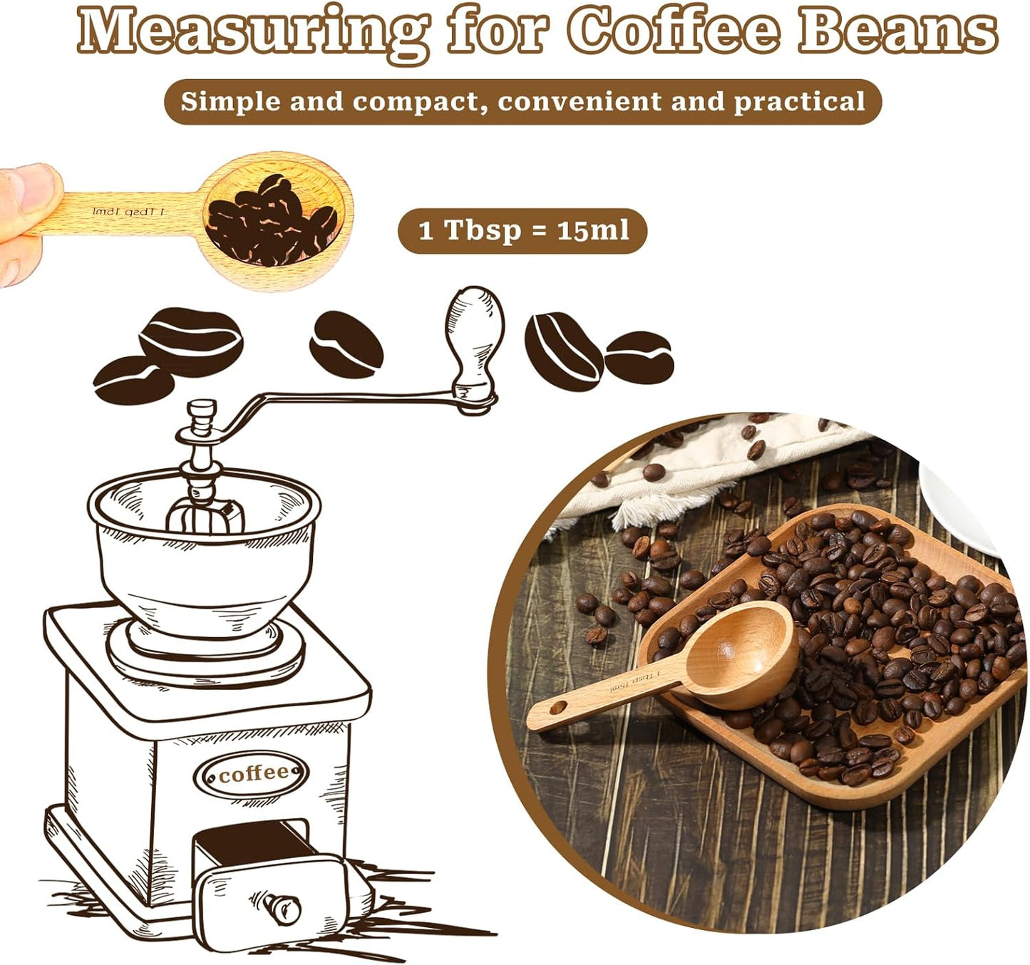 Wooden Coffee Scoop, 1 Tbsp 15ml Small Coffee Scoops for Jars Canisters Wood Sugar Scoop Coffee Measuring Spoon Wooden 1 Tablespoon Scoop for Home Kitchen Measuring Coffee Beans Tea Sugar