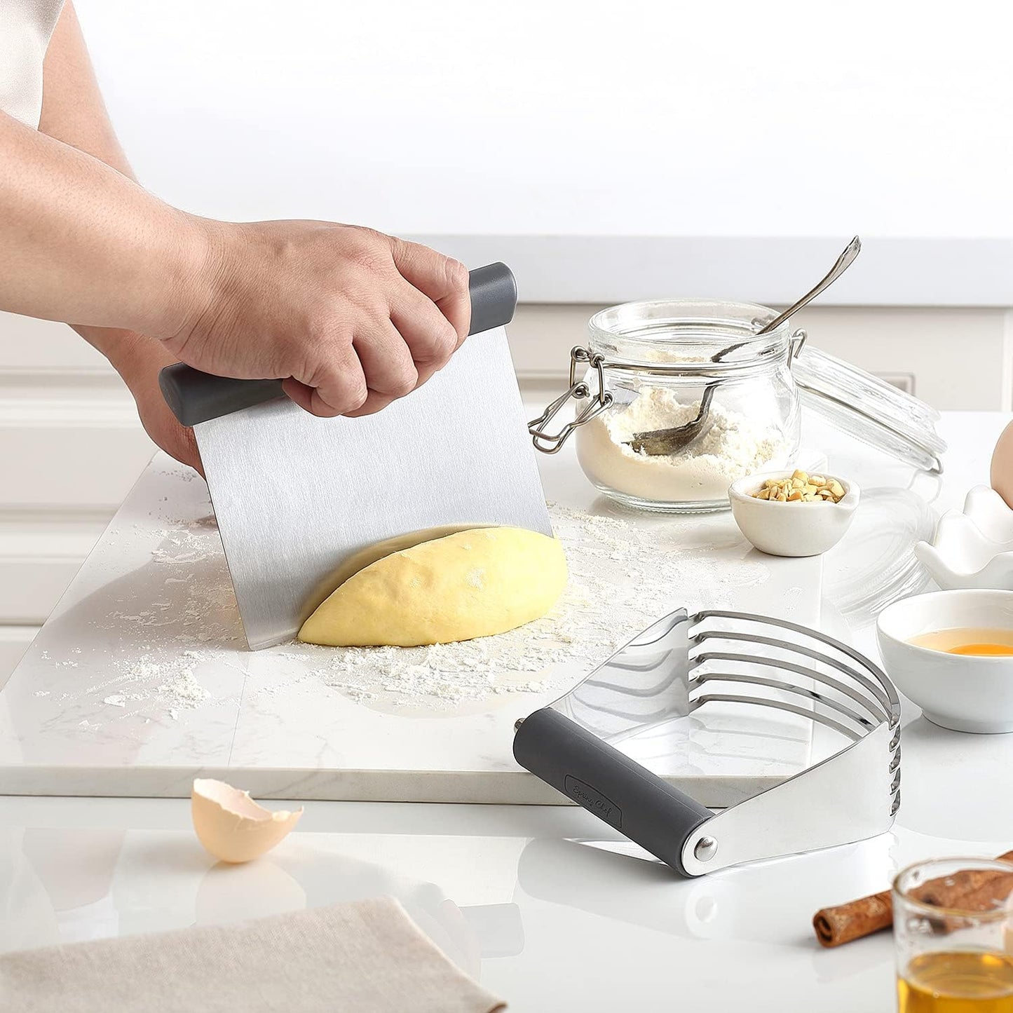 Spring Chef - Dough Blender and Pastry Cutter, Stainless Steel Nut, Pie, Pastry and Dough Cutter and Scraper, Multipurpose Baking Tools with Soft Grip Handles, Gray