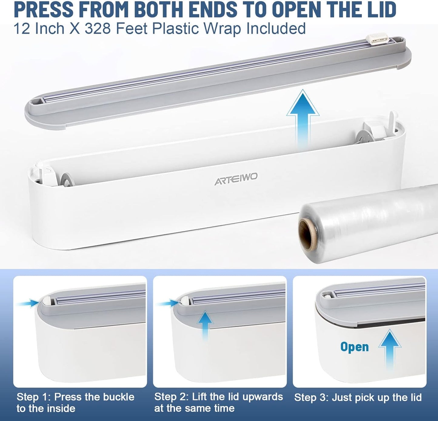 Magnetic Refillable Plastic Wrap Dispenser With Cutter, Tin Aluminum Foil Dispenser with Cutter, Sturdy Food Cling Wrap Film Cutter, 12 Inch X 328 Feet Plastic Wrap Included…