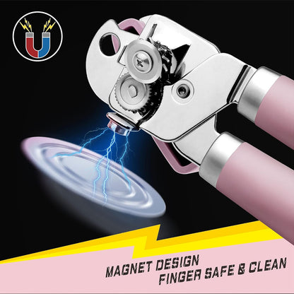 [Smoother Cut] PrinChef Manual Can Opener with Magnet, Improved Handle for More Comfortable Grip, Handheld Can Openers for Seniors, Heavy Duty Can Opener Smooth Edge, Bottle Opener Easy to Use, Black