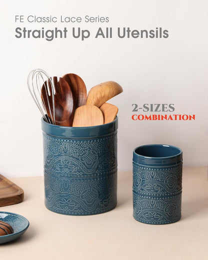 FUN ELEMENTS Kitchen Utensil Holder, 7.2" Super Large Utensil Crock Heavy and Stable Lace Emboss Ceramic Utensil Holder for Kitchen Counter (Bright White)