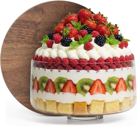 Large Trifle Bowl with Lid Set, 4.8Q (155oz) - Silver Serving Spoon & Acacia Wood Lid - Decorative Glass Mixing Bowl, Trifle Glass With Pedestal - Serving Bowl for Layered Desserts, Fruits, Salads,