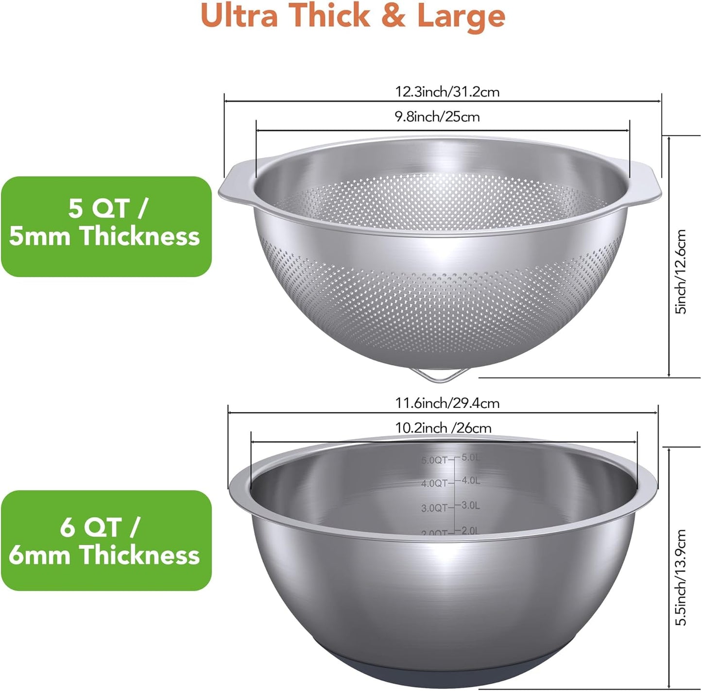 304 Stainless Steel Colander, 2.5 QT Capacity and 2.5 QT Mixing Bowl, Micropore Strainer for Washing Rice, Fruit, and Veggies, Perfect Draining for Cooked Pasta