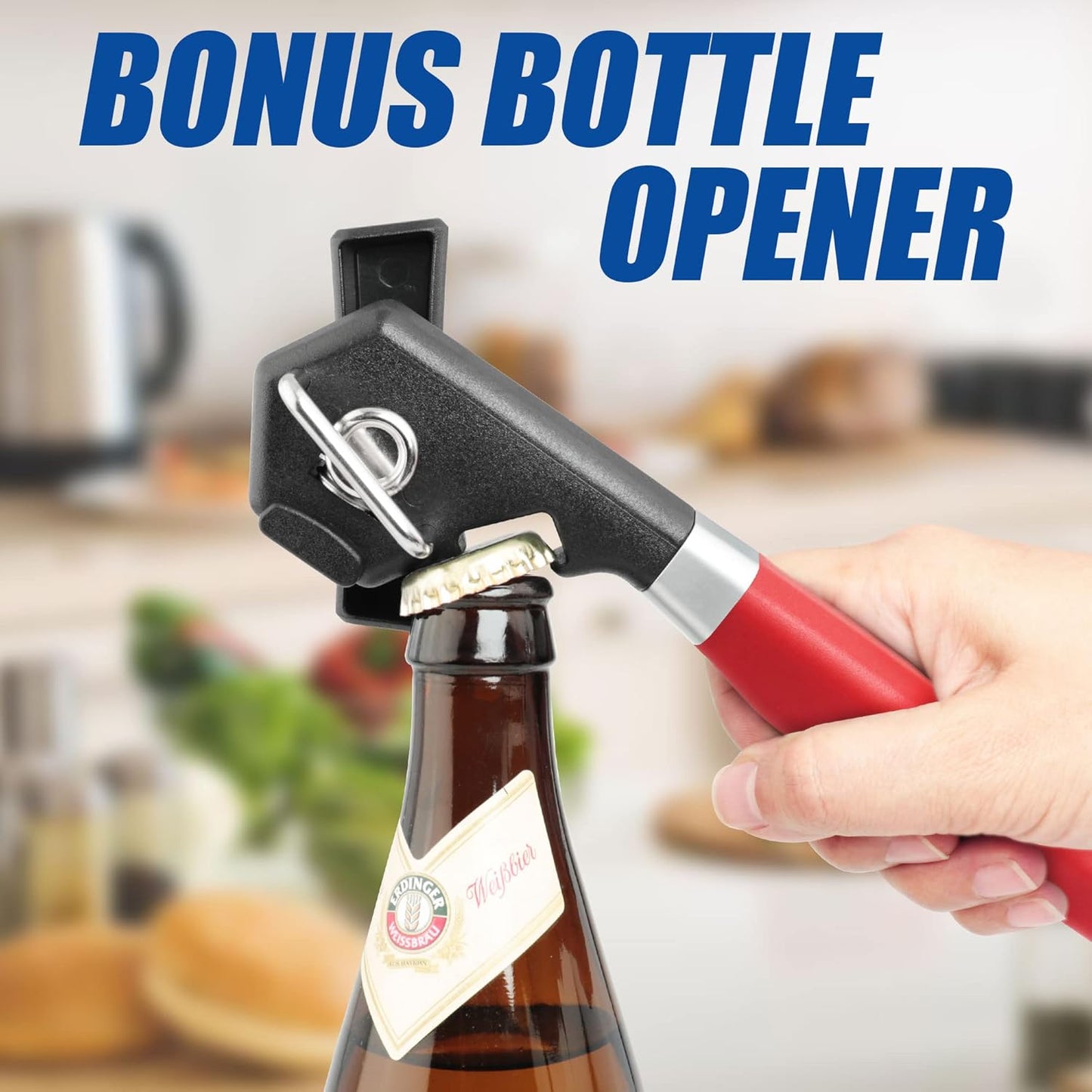 PrinChef Safety Can Opener Smooth Edge, Built-in Bottle Opener | Rust Proof Can Opener Manual, with Sharp Blade| Handheld Can Openers Heavy Duty, Side Cut Design, Easy and Safe to Use, Red