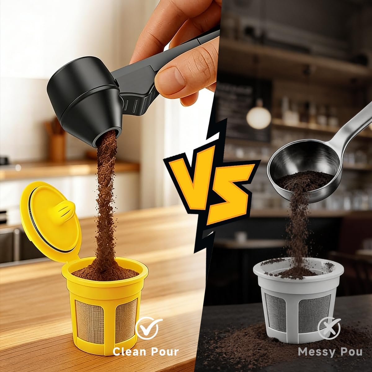 Credon Coffee Scoop with Funnel for Ground Coffee & Protein Powder – Coffee Bean Measuring Spoon, 2 Tablespoon Slide Scoop for Reusable K-Cup, Precision Spill-Proof (Black)