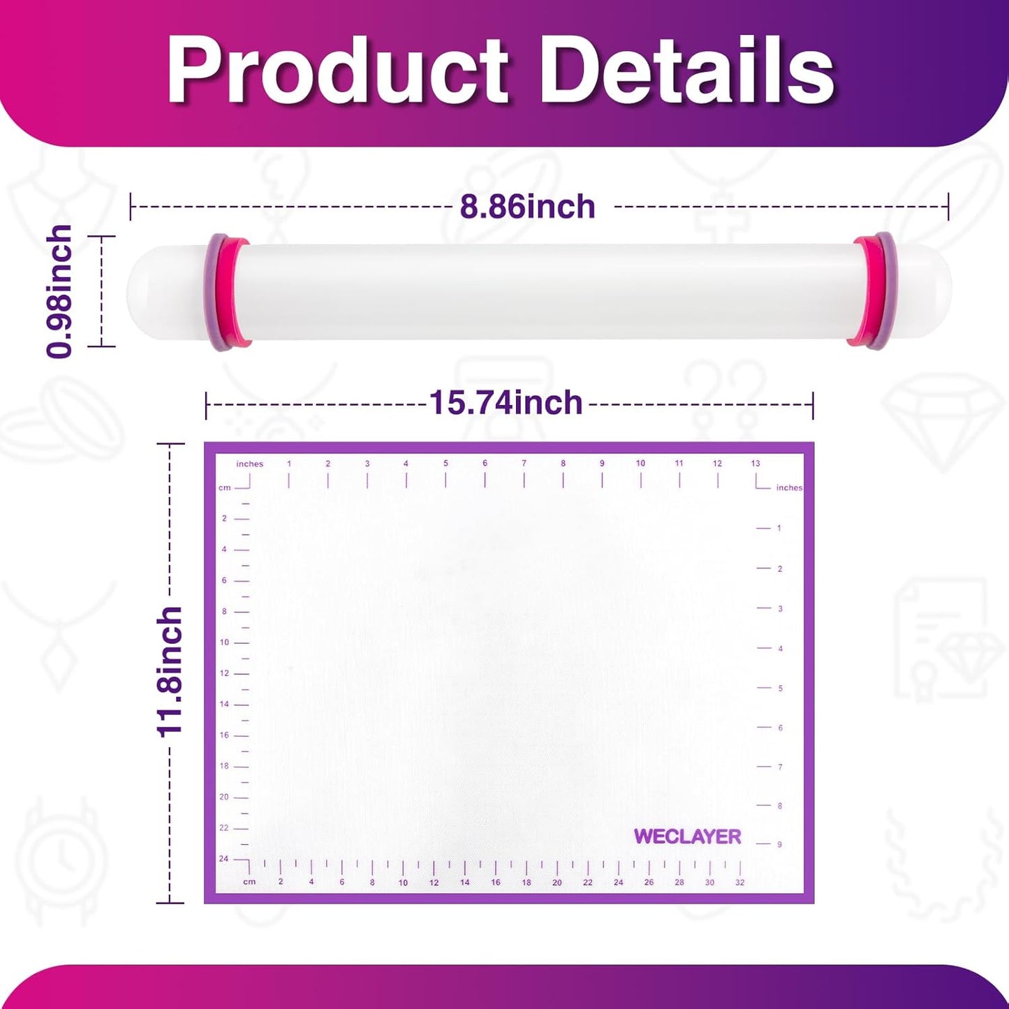 Clay Roller with Thickness Rings and 16" x 12" Silicone Clay Mat with Measurement,Oven-Safe Work Mat with Texture,Reusable Silicone Non-skid Pad,Clay Rolling Pin,Polymer Clay Tools