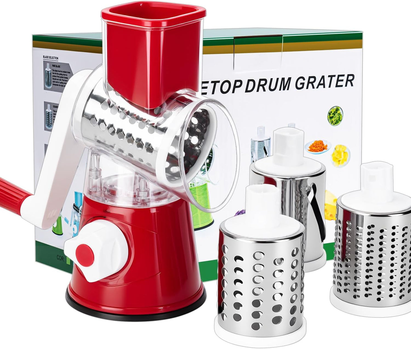 Rotary Cheese Grater Hand Crank Cheese Shredder with 3 Stainless Steel Blades, Rotary Grater, for Fresh Cheese, Vegetable, Nuts,Non-slip Suction Base, Black