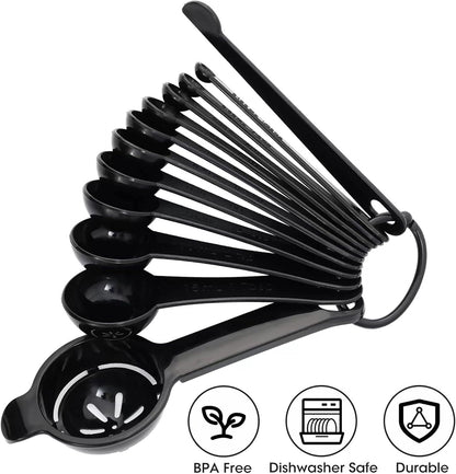 DOTINGHUX Measuring Spoons, Plastic Measuring Spoons Set with Egg Separator 12-Piece,Black