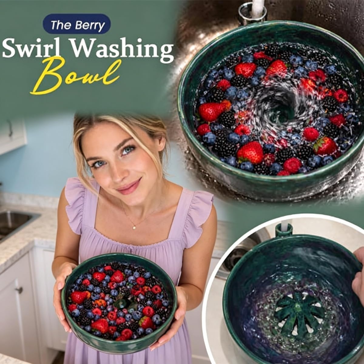2026 Self Spinning Berry Washing Bowl Ceramic with Drain Holes, 360 Degree Cleaning Fruit Swirl Colander Center Cone, Automatic Quick Kitchen Rinse washer for Berries Vegetables Serving