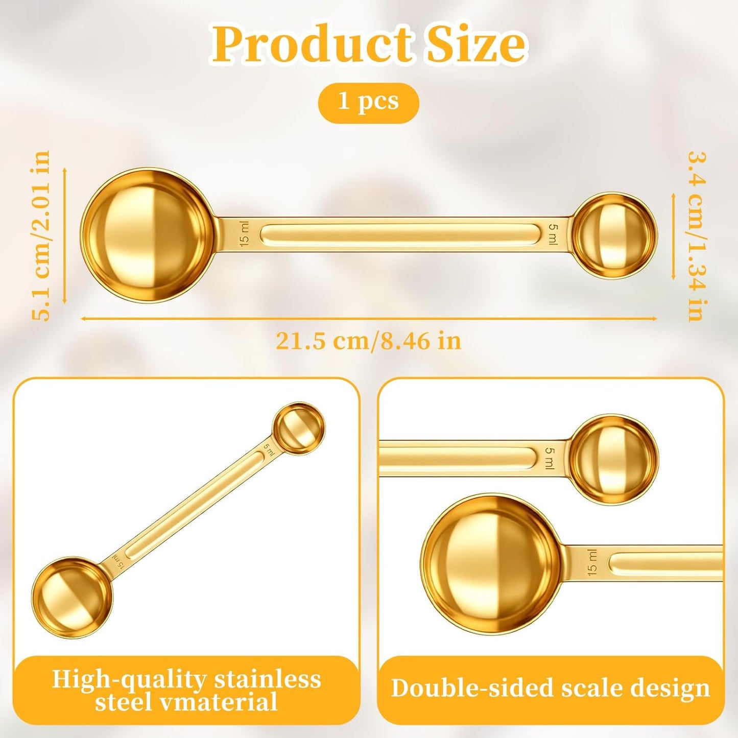 Double Sided Teaspoon Measuring Spoons, Stainless Steel 1 Tsp (5ml) & 1 Tbsp (15ml) Long-Handle Tablespoon Scoop, Space-Saving Gold Coffee Measuring Spoon for Coffee Milk Cooking Baking (8.64 Inch)