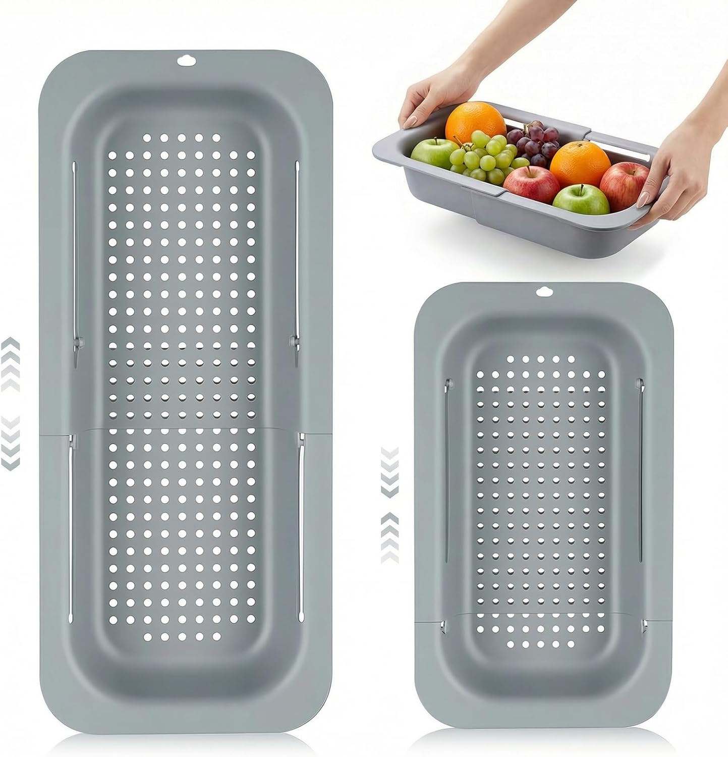Extendable Over Sink Colander, 13.58"-18.9" Adjustable Strainer Basket for Washing Fruits & Draining Pasta, Fits Most Kitchen Sinks (Grey, 1 Pack)