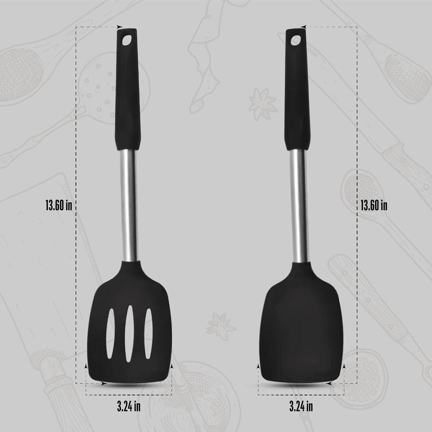 Silicone Spatula Set (2-Pc) - 600°F Heat Resistant, BPA Free, Non-Scratch, Dishwasher Safe I Slotted & Solid Kitchen Spatula Turners I Ideal for Eggs, Pancakes, Fish I Stainless Steel I Gray
