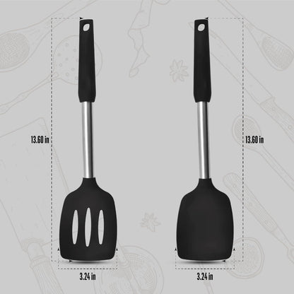 Silicone Spatula Set (2-Pc) - 600°F Heat Resistant, BPA Free, Non-Scratch, Dishwasher Safe I Slotted & Solid Kitchen Spatula Turners I Ideal for Eggs, Pancakes, Fish I Stainless Steel I Gray