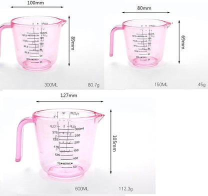 Plastic Measuring Cup Set, Kitchen Cooking and Baking Seasoning Liquid Measuring Cup, Multiple Scale Identification, with Handle and Triangle Mouth, 150ml, 300ml, 600ml, 3-piece Set (Pink)