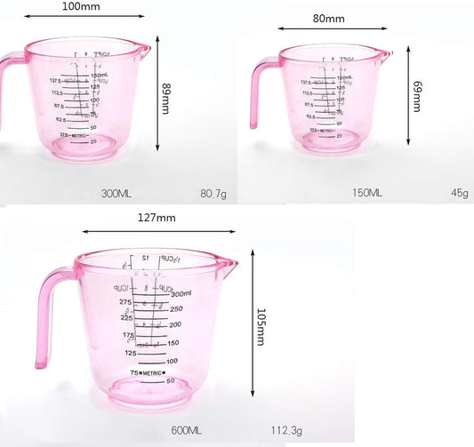 Plastic Measuring Cup Set, Kitchen Cooking and Baking Seasoning Liquid Measuring Cup, Multiple Scale Identification, with Handle and Triangle Mouth, 150ml, 300ml, 600ml, 3-piece Set (Pink)