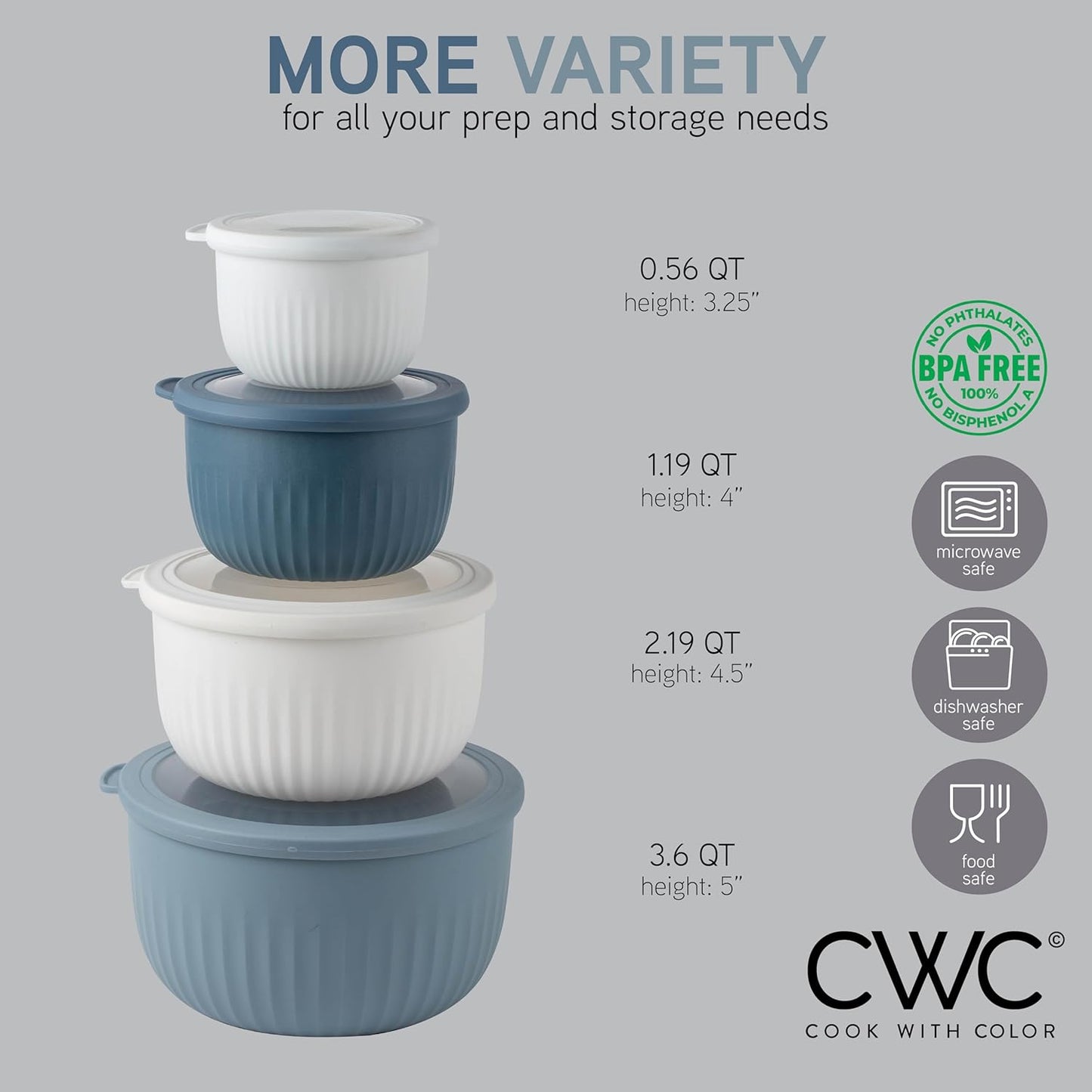 COOK WITH COLOR Prep Bowls with Lids- Wide and Deep Nesting Plastic Small Mixing Bowl Set with Lids, 8 Piece Set - Wide Bowls, Blue
