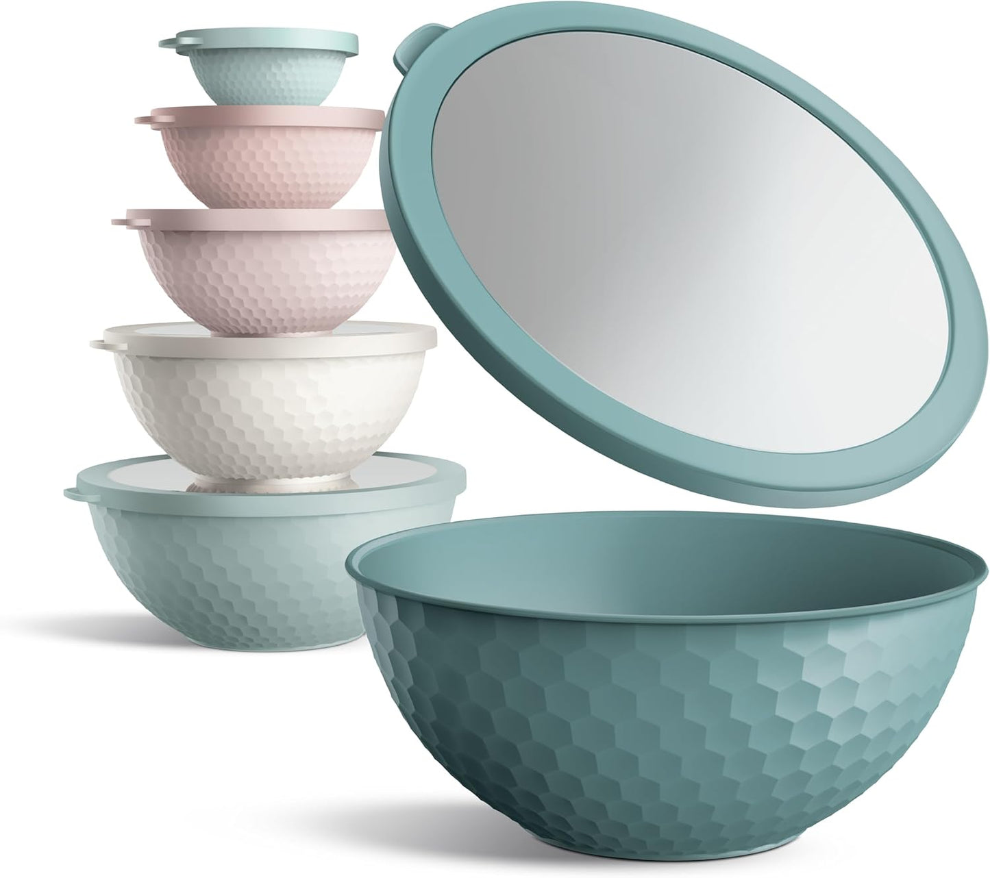 COOK WITH COLOR Mixing Bowls with Lids - 12 Piece Plastic Nesting Bowls Set includes 6 Prep Bowls and 6 Lids, Microwave Safe Mixing Bowl Set, Sage Embossed - Colors B