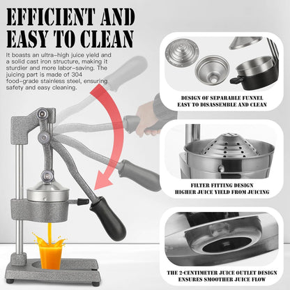 Cast Iron Juicer Hand Press – Heavy Duty Manual Citrus Juicer, Professional Orange Press, Stainless Steel Lemon Squeezer & Lime Juice Extractor (gray)