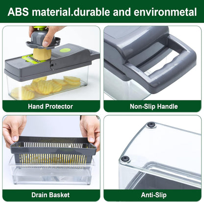 Multifunction Vegetable Chopper, 8 Blades Vegetable Slicer, Onion Chopper Cutter Dicer Egg Separator Grater Slicer with Push Button, Hand Guard, Large Capacity Container
