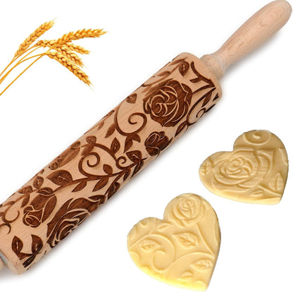Floral Vine Embossed Rolling Pins for Cookies, Wooden Engraved Rolling Pins for Baking, Embossing Rolling Pins with Designs, Patterned Rolling Pin Decorative Springerle Mold Stamp Clay Pattern Roller