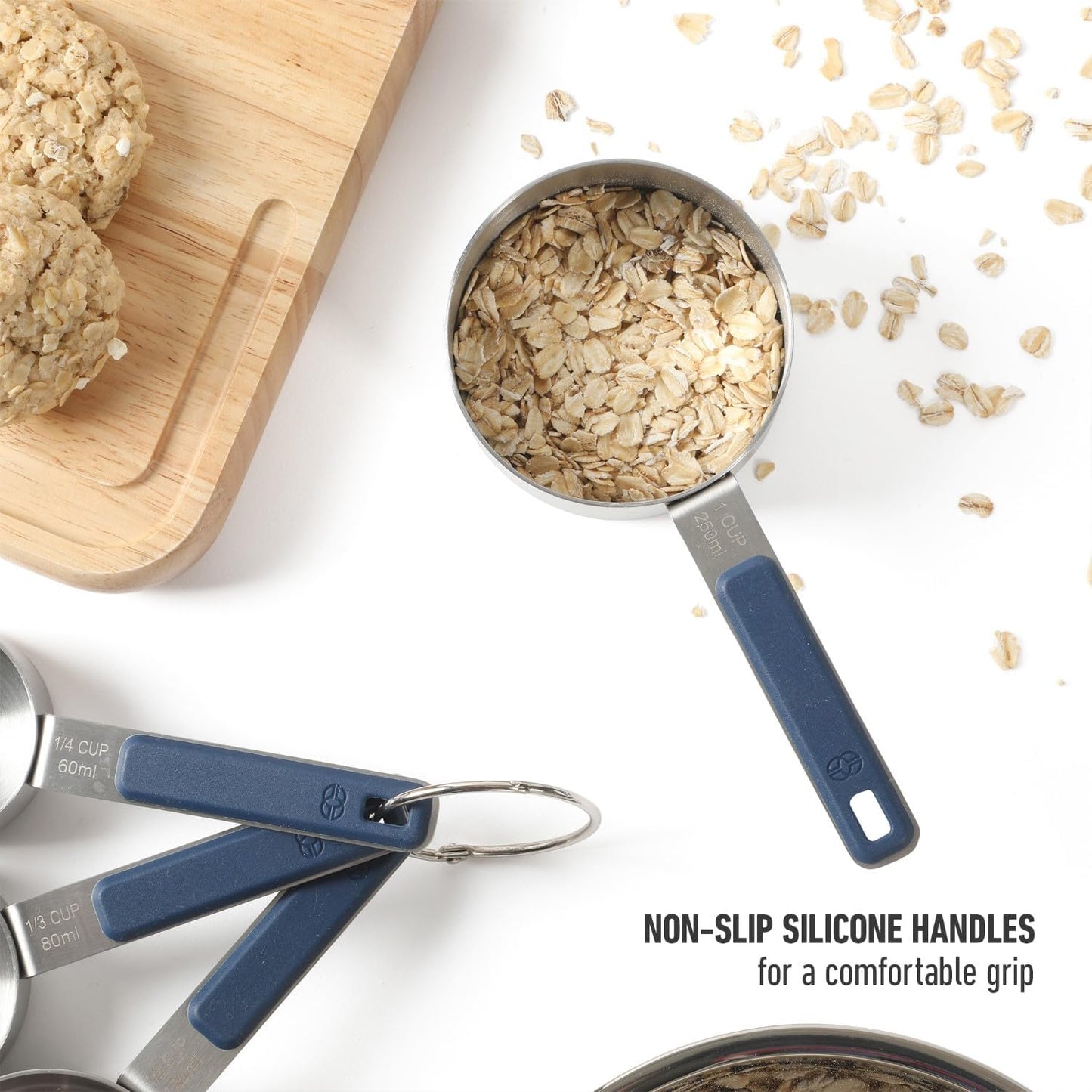 Calphalon Prime Measuring Spoons, Plastic Measuring Spoon Set, 5-Piece Stainless Steel Measuring Spoons Navy Silicone Handle Accurate, Durable for Spices and Small Portions