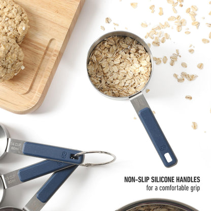 Calphalon Prime Measuring Spoons, Plastic Measuring Spoon Set, 5-Piece Stainless Steel Measuring Spoons Navy Silicone Handle Accurate, Durable for Spices and Small Portions