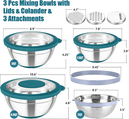 TeamFar Mixing Bowls with Colander Set, Stainless Steel Strainer and Nesting Salad Bowls, with Lids & 3 Graters, Non-Slip Bottom & Visible Lid, Rotatable & Dishwasher Safe, 4.6/3/1.5 QT, Khaki