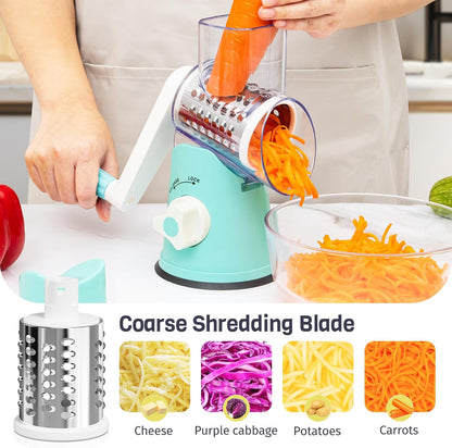 Cheese Grater Hand Crank, Rotary Cheese Shredder with 3 Interchangeable Blades for Coarse, Fine Shredding and Slicing, Strong Suction Base for Pizza, Pasta, Salad, Vegetables, Nuts, Chocolate