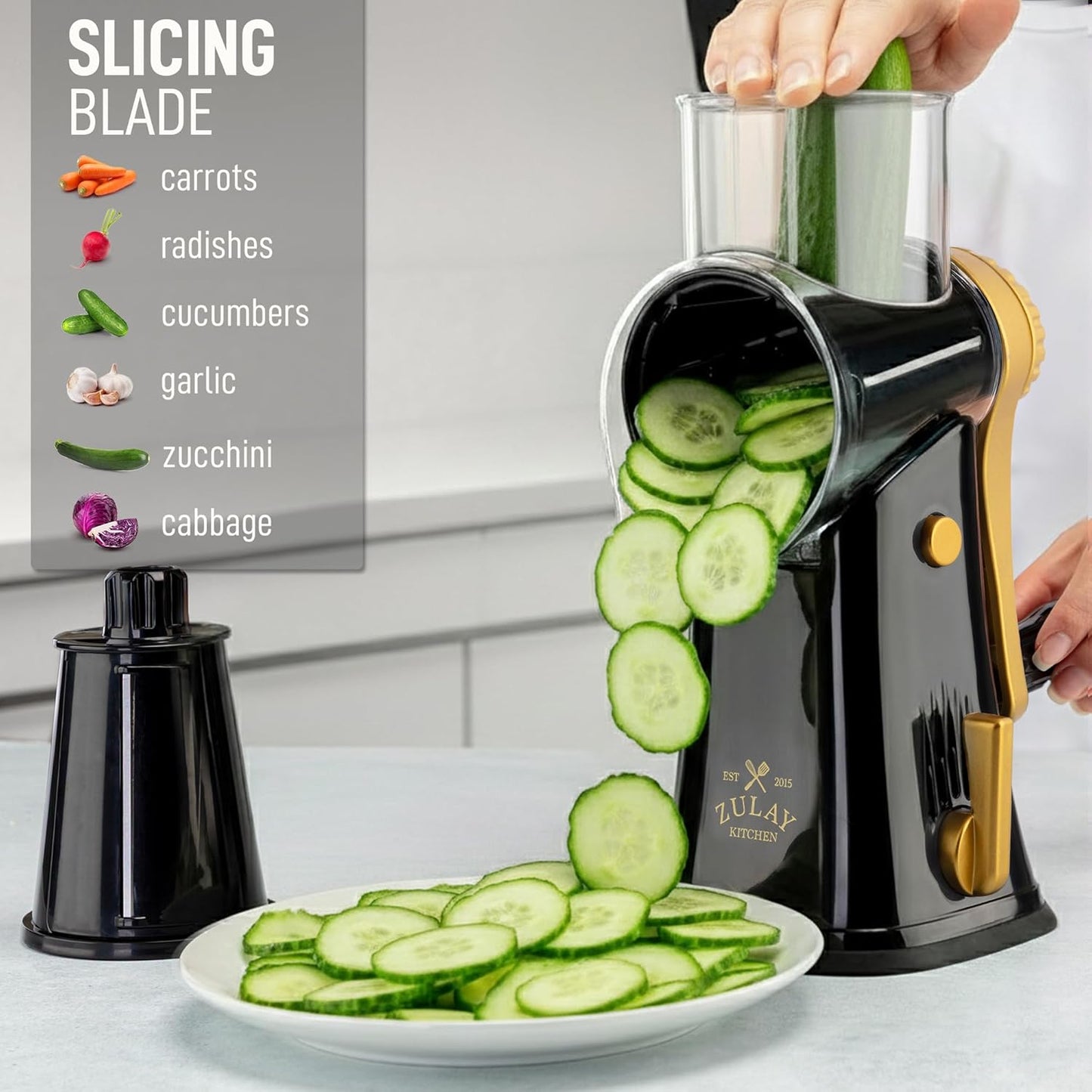 Zulay Kitchen Rotary Cheese Grater 5 Blade Cheese Shredder - Manual Hand Crank Cheese Grater With Reinforced Suction & 5 Interchangeable Drums - Easy to Use, Vegetable Chopper Round Mandoline Slicer - Colors B