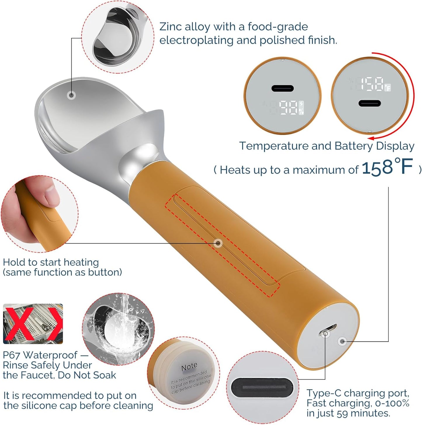 Heated Ice Cream Scoop Rechargeable, Electric Warming Ice Cream Scooper with LED Display, Heats to 158°F for Hard Ice Cream, Easy for Seniors & Kids, IP67 Waterproof (Black, 2 oz)