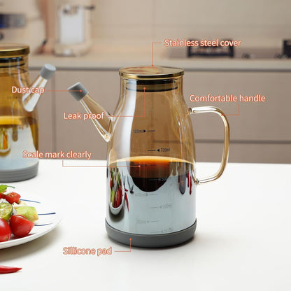 Large Glass Oil Dispenser Bottle for Kitchen Cooking Recipiente Para Aceite De Cocina Olive Oil Vinegar Dispenser Cruet Stainless Steel Lid No Drip Liquid Container (Clear, 34oz /1000ml)