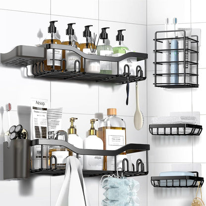 NESOMI Shower Caddy Adhesive Shower Organizer 7-Pack, Rustproof Stainless Steel Bathroom Shelves, Large Capacity No-Drill Rack Storage Accessories with Soap Dish Toothbrush Holder &24 Hooks Home Decor