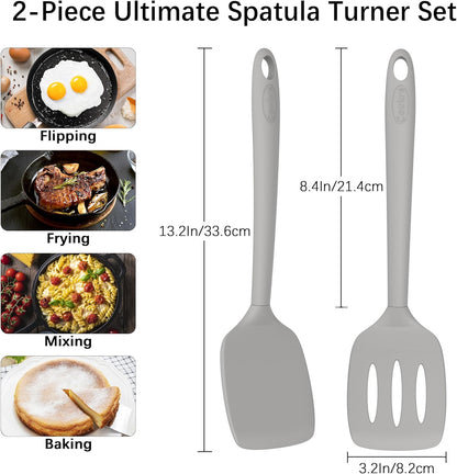 Coukre 2 Pack Silicone Spatula Set, High Heat Resistant, BPA Free Kitchen Spatula, Solid & Slotted Turner for Non-Stick Pans, Sautéing, and Flipping (2, PureBlack)